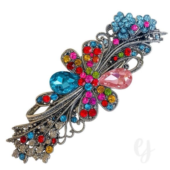 Jeweled Rainbow French Barrette – Crystal Flower Design - Picture 1 of 8